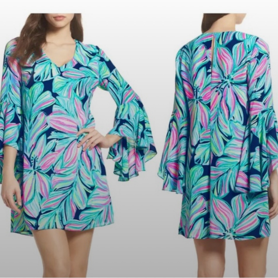 Lilly Pulitzer Rosalia Flare Bell Sleeve Large Flower Print Dress Blue Pink 00